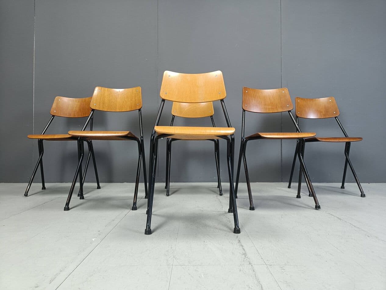 Set of six chairs, brown plywood, black steel, Netherlands, 1970s. - 264144