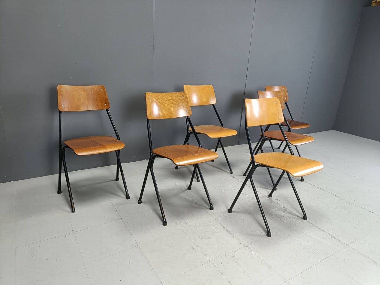 Set of six chairs, brown plywood, black steel, Netherlands, 1970s. - 264146