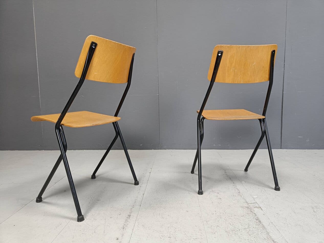 Set of six chairs, brown plywood, black steel, Netherlands, 1970s. - 264151
