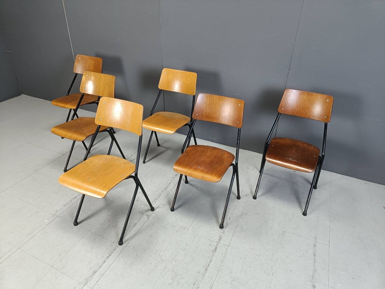 Set of six chairs, brown plywood, black steel, Netherlands, 1970s. - 264145
