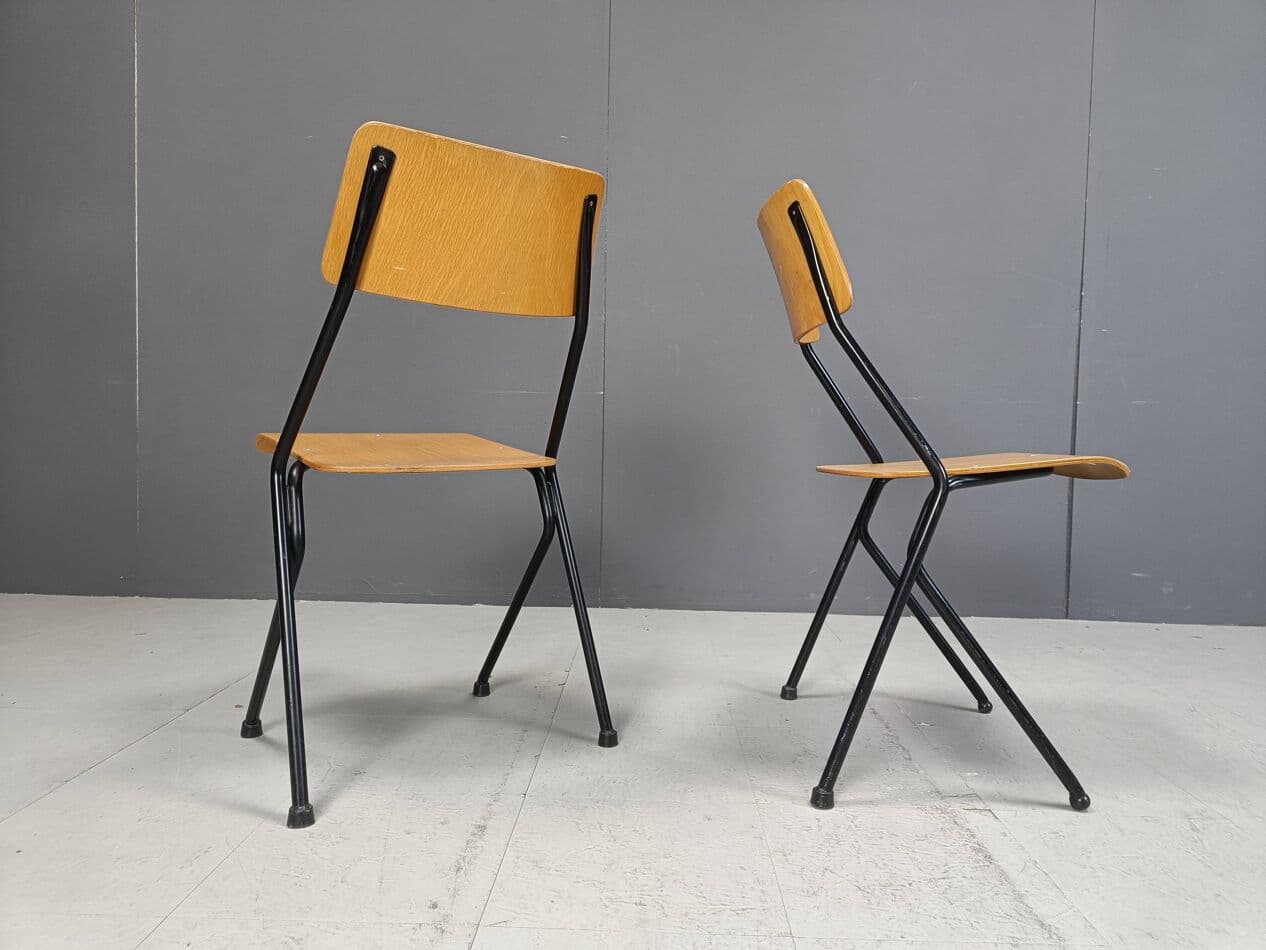 Set of six chairs, brown plywood, black steel, Netherlands, 1970s. - 264149