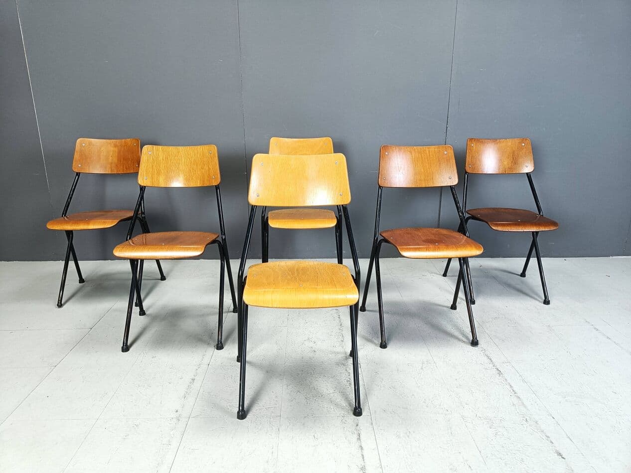 Set of six chairs, brown plywood, black steel, Netherlands, 1970s. - 264141