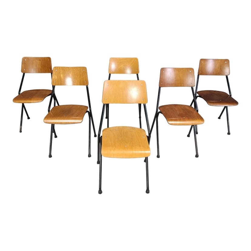 Set of six chairs, brown plywood, black steel, Netherlands, 1970s.