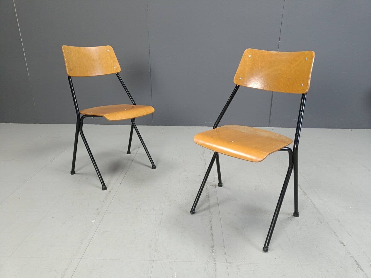Set of six chairs, brown plywood, black steel, Netherlands, 1970s. - 264148