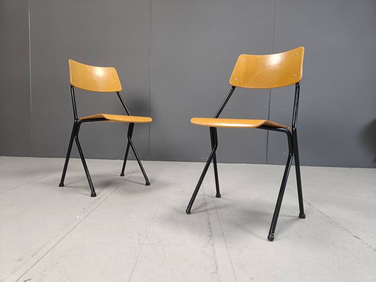 Set of six chairs, brown plywood, black steel, Netherlands, 1970s. - 264147