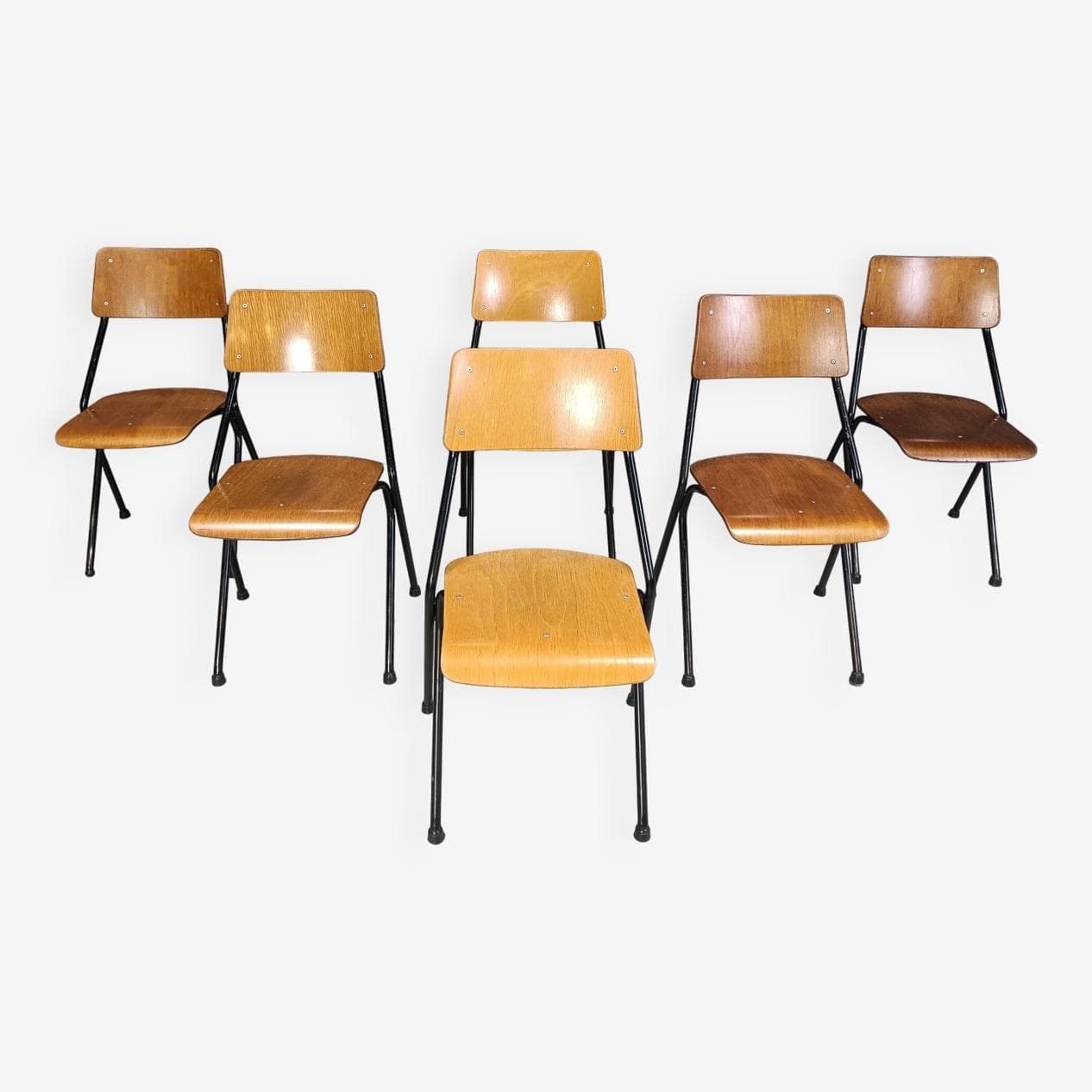 Set of six chairs, brown plywood, black steel, Netherlands, 1970s. - 264143