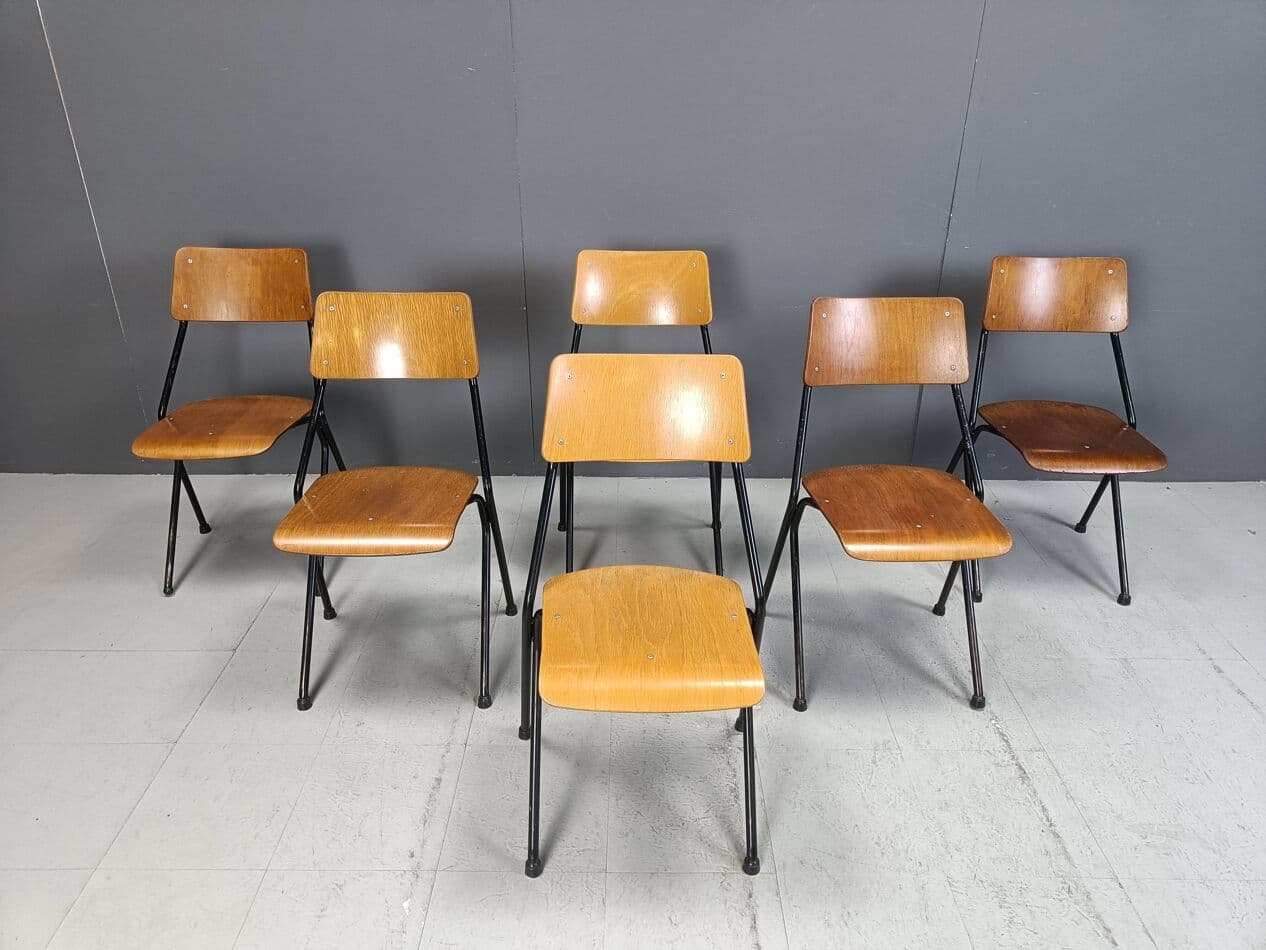 Set of six chairs, brown plywood, black steel, Netherlands, 1970s. - 264142