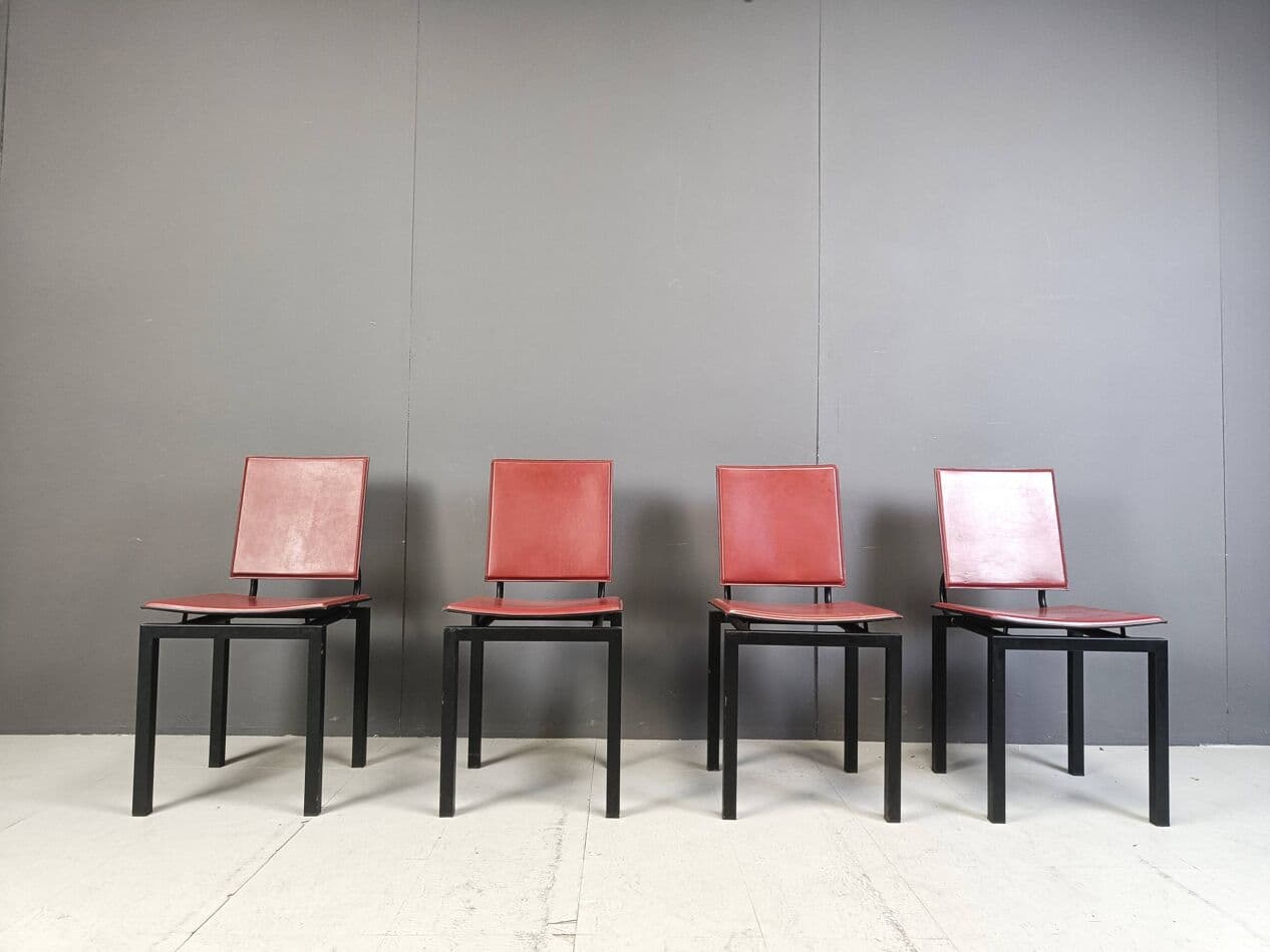 Set of four postmodern chairs, bordeaux leather, black steel, Italy, 1980s. - 264134