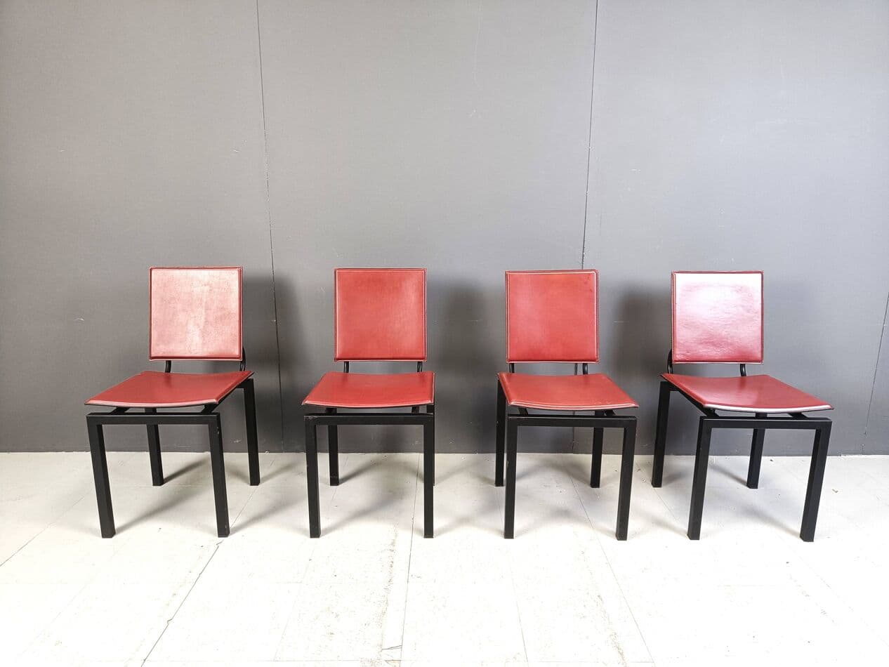 Set of four postmodern chairs, bordeaux leather, black steel, Italy, 1980s. - 264133