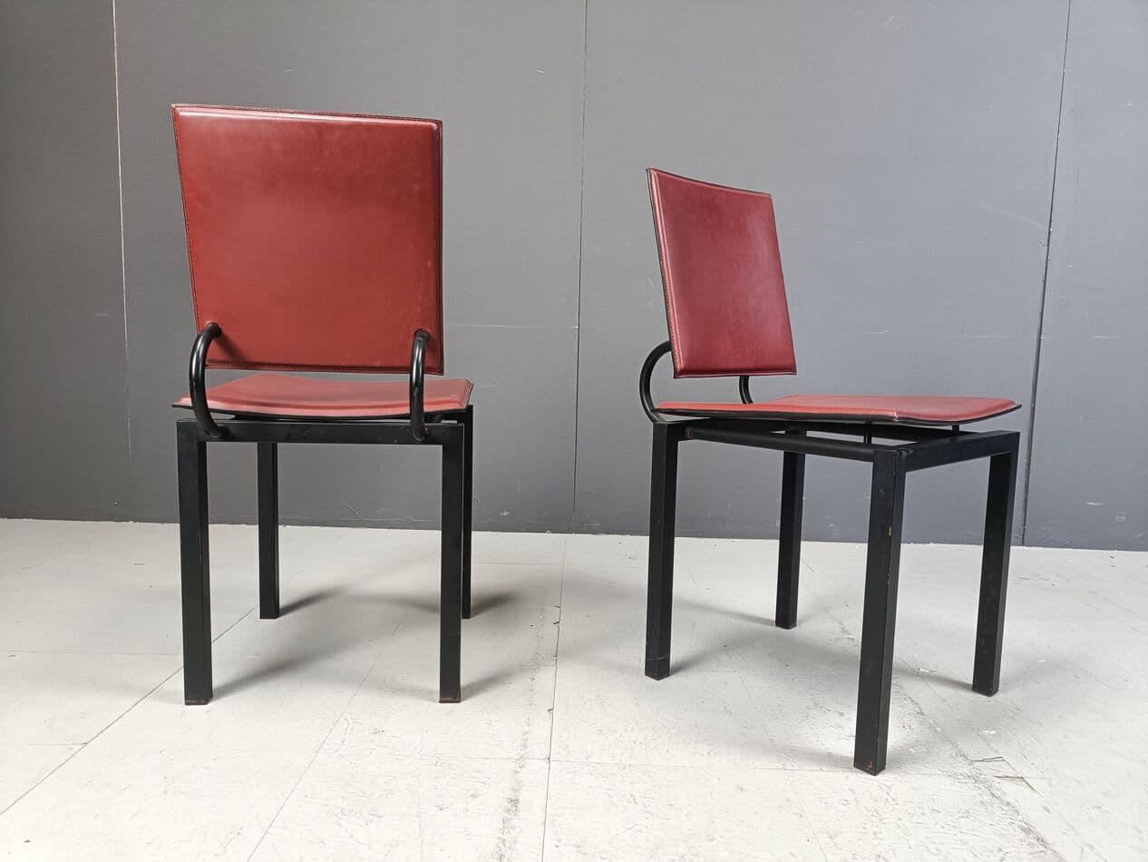 Set of four postmodern chairs, bordeaux leather, black steel, Italy, 1980s. - 264139