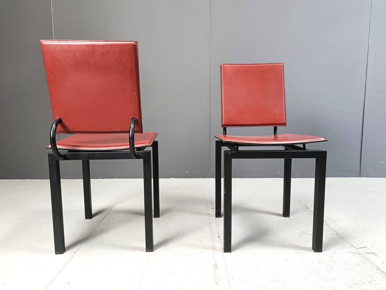 Set of four postmodern chairs, bordeaux leather, black steel, Italy, 1980s. - 264130
