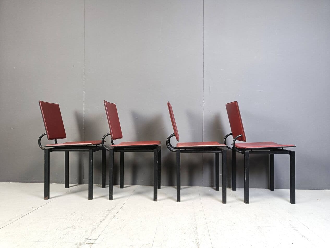 Set of four postmodern chairs, bordeaux leather, black steel, Italy, 1980s. - 264137