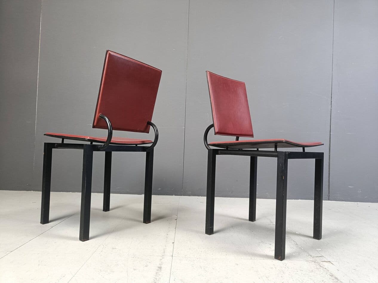 Set of four postmodern chairs, bordeaux leather, black steel, Italy, 1980s. - 264138