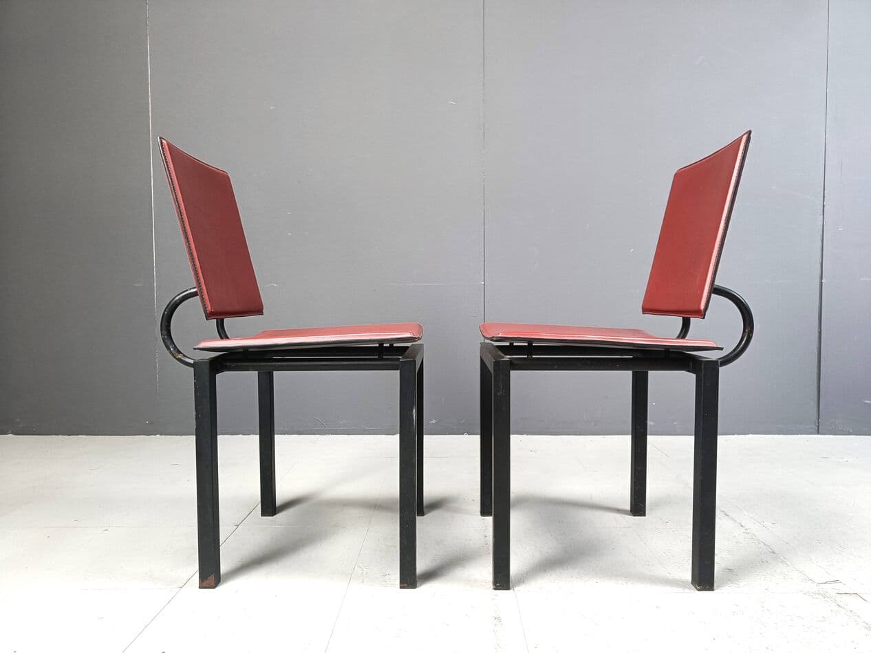Set of four postmodern chairs, bordeaux leather, black steel, Italy, 1980s. - 264129