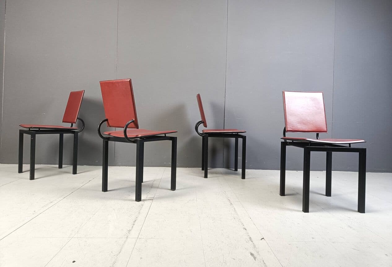Set of four postmodern chairs, bordeaux leather, black steel, Italy, 1980s. - 264136