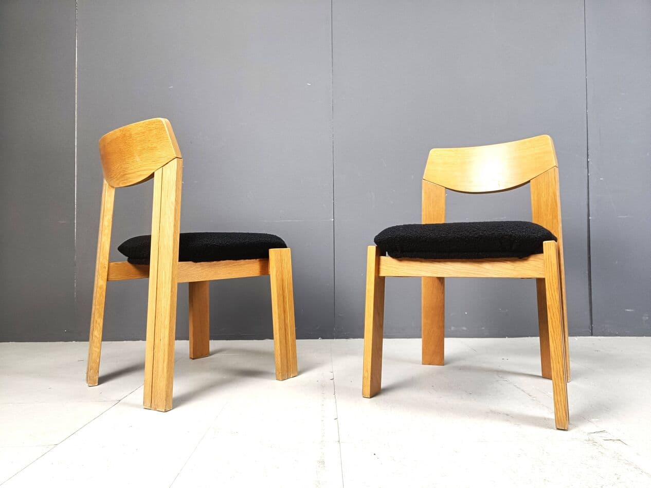 Set of Six Brutalist Chairs, brown wood, black bouclé, Germany, 1960s. - 264125