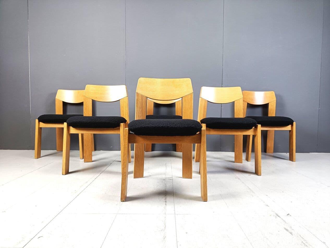 Set of Six Brutalist Chairs, brown wood, black bouclé, Germany, 1960s. - 264120