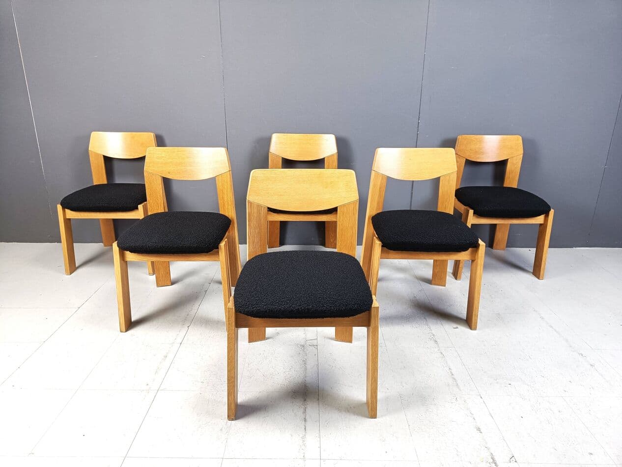 Set of Six Brutalist Chairs, brown wood, black bouclé, Germany, 1960s. - 264119