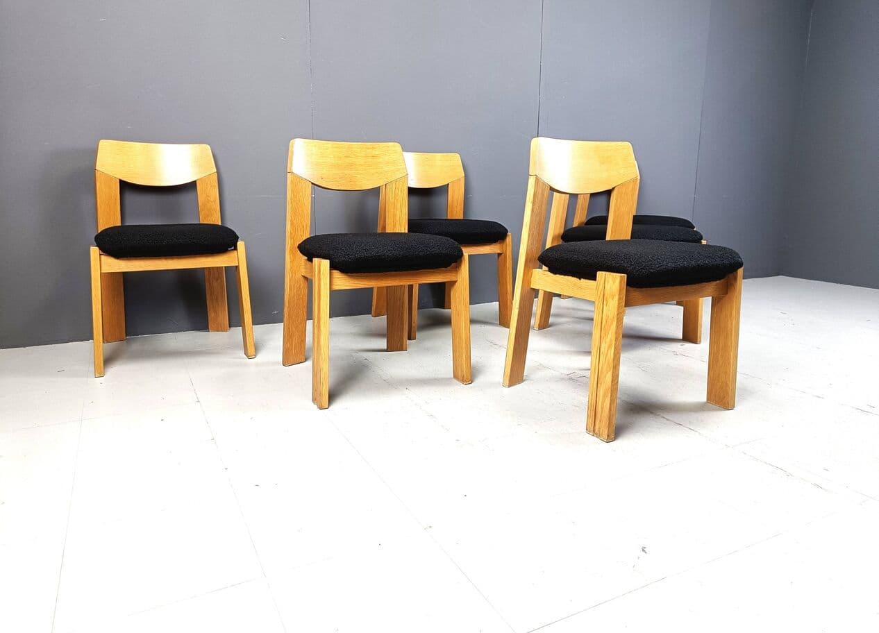 Set of Six Brutalist Chairs, brown wood, black bouclé, Germany, 1960s. - 264122