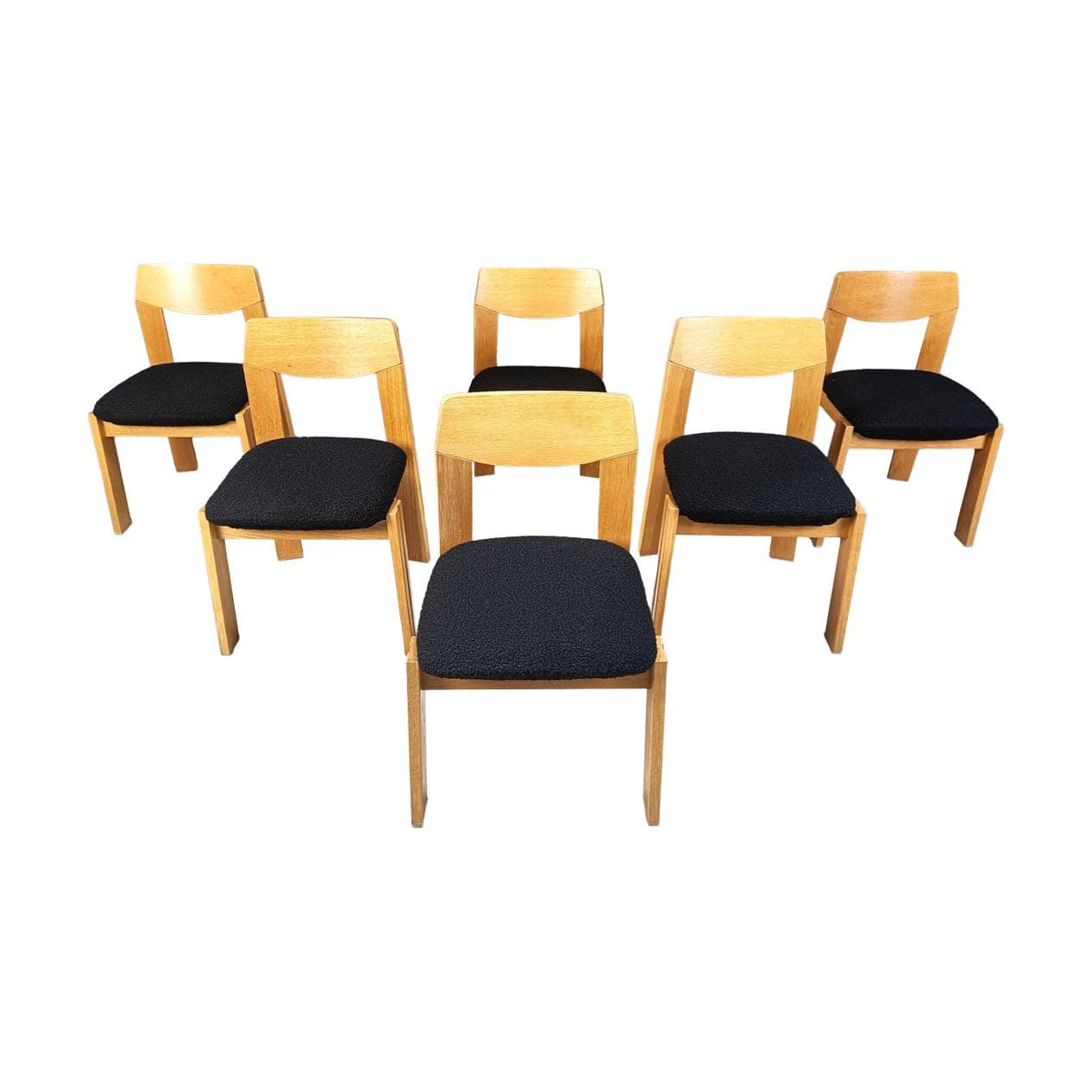 Set of Six Brutalist Chairs, brown wood, black bouclé, Germany, 1960s.