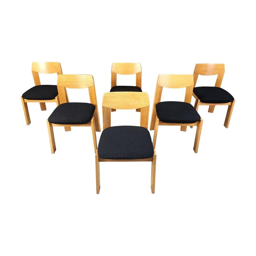 Set of Six Brutalist Chairs, brown wood, black bouclé, Germany, 1960s.
