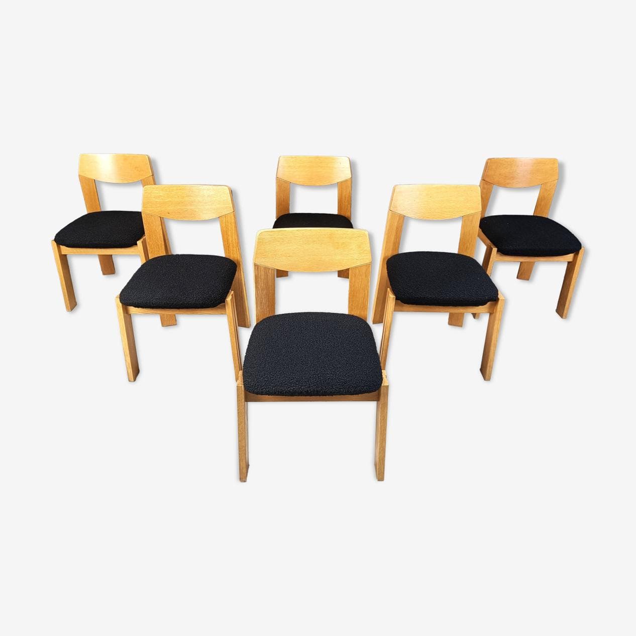 Set of Six Brutalist Chairs, brown wood, black bouclé, Germany, 1960s. - 264118