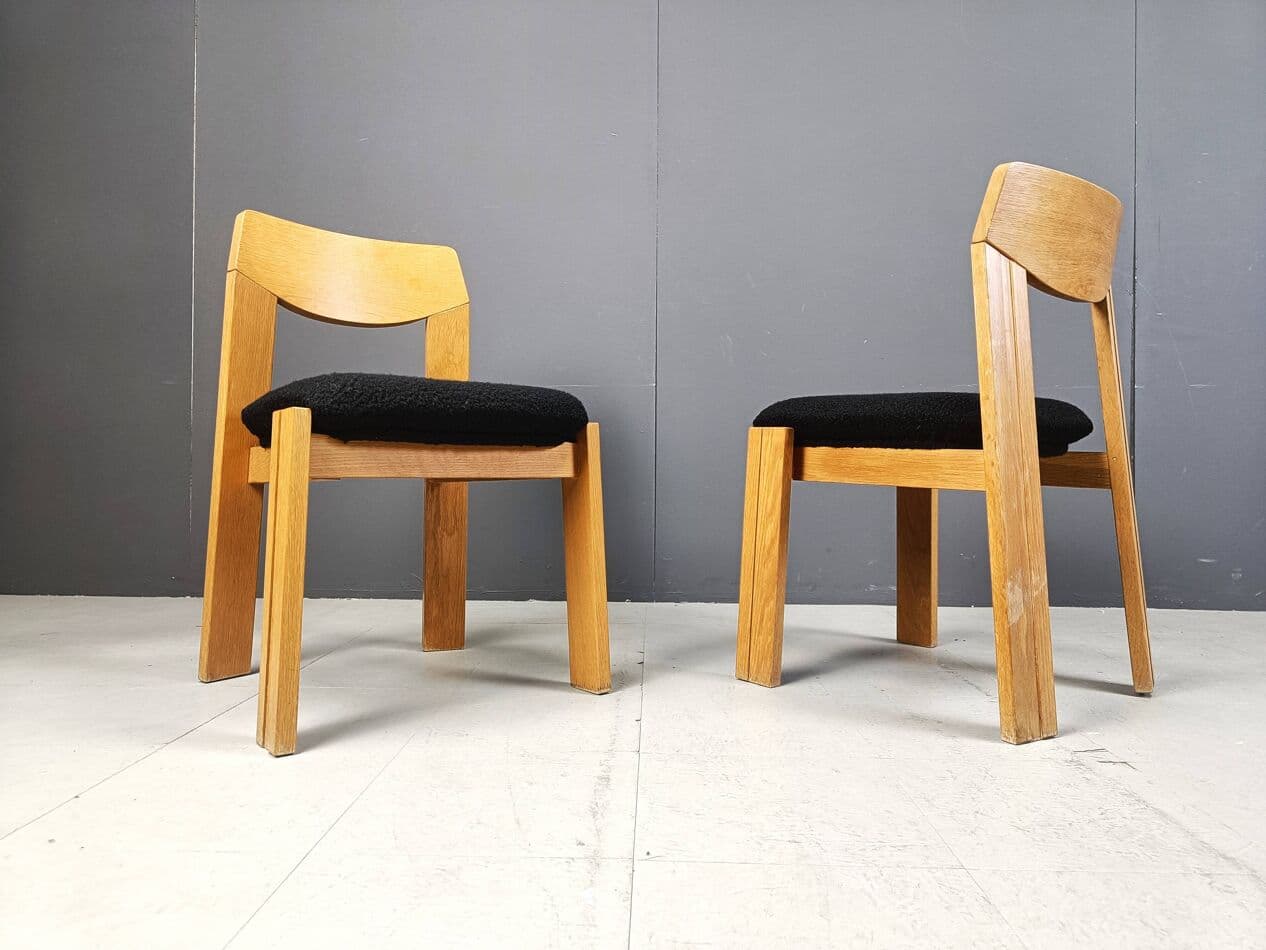 Set of Six Brutalist Chairs, brown wood, black bouclé, Germany, 1960s. - 264124