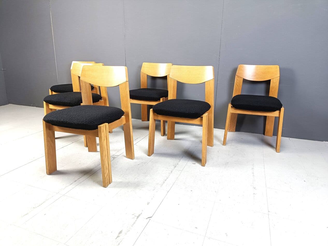 Set of Six Brutalist Chairs, brown wood, black bouclé, Germany, 1960s. - 264121