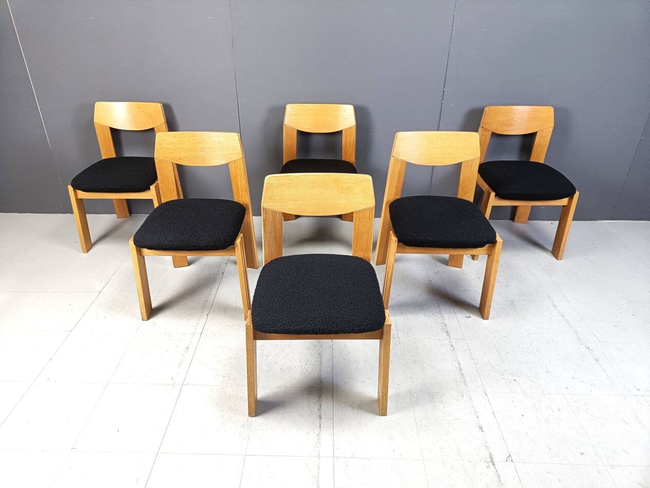Set of Six Brutalist Chairs, brown wood, black bouclé, Germany, 1960s. - 264117
