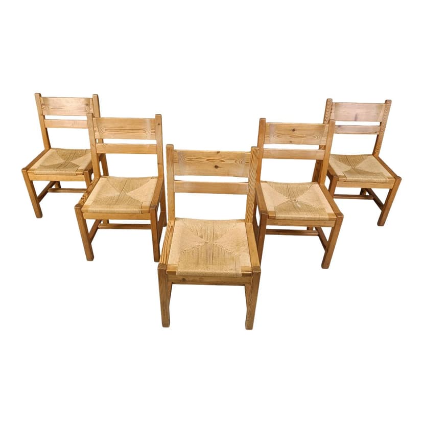 Set of Five Chairs, beige pine, beige paper cord, GM Mobler, Denmark, 1960s.