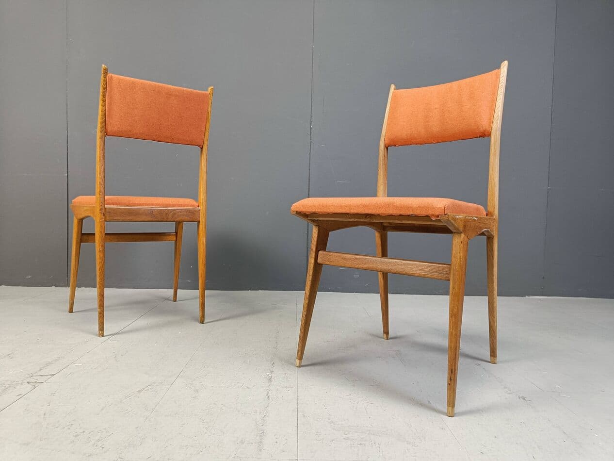 Set of six dining chairs, brown wood, orange fabric, Italy, 1950s - 264062