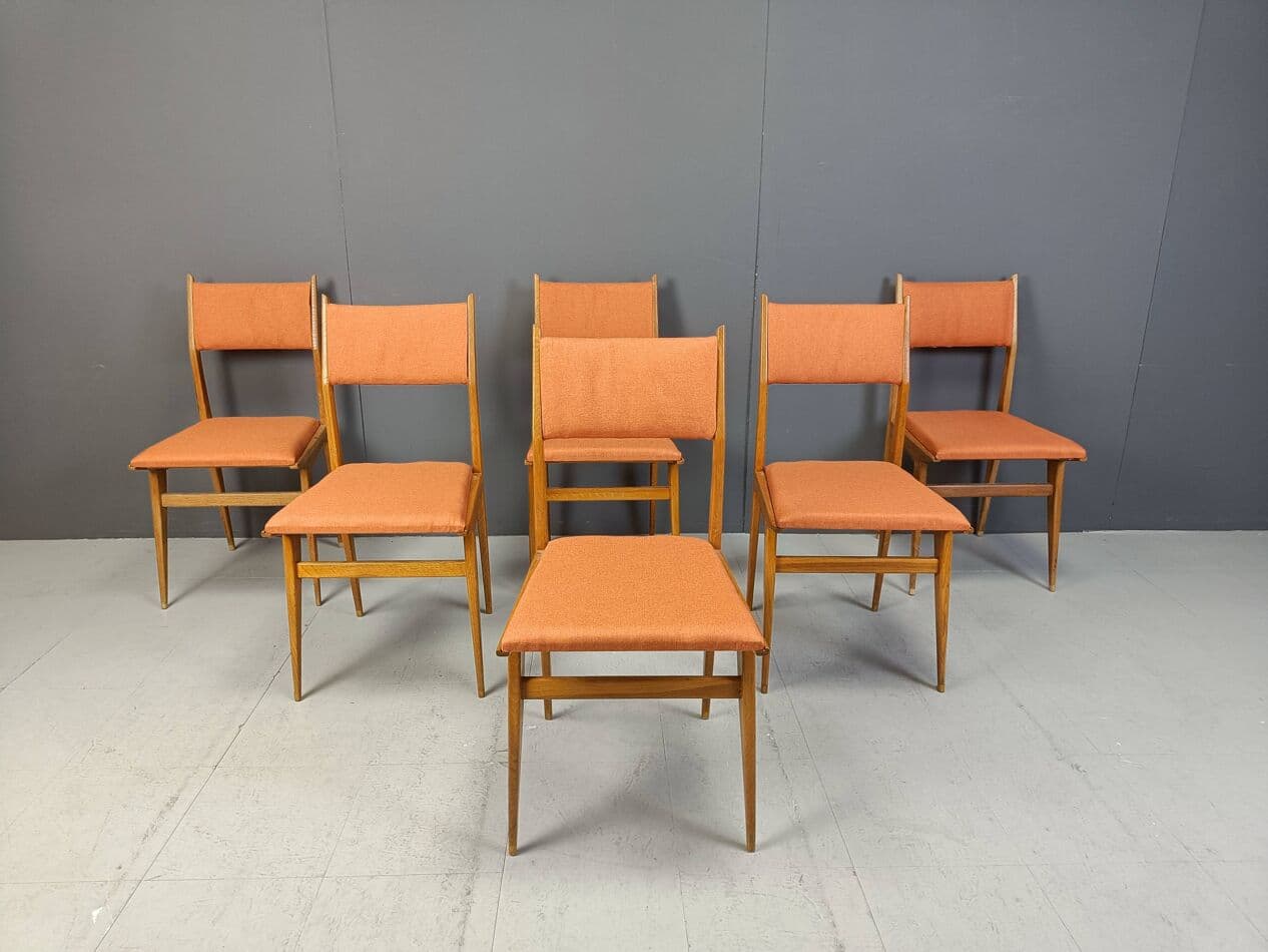 Set of six dining chairs, brown wood, orange fabric, Italy, 1950s - 264056