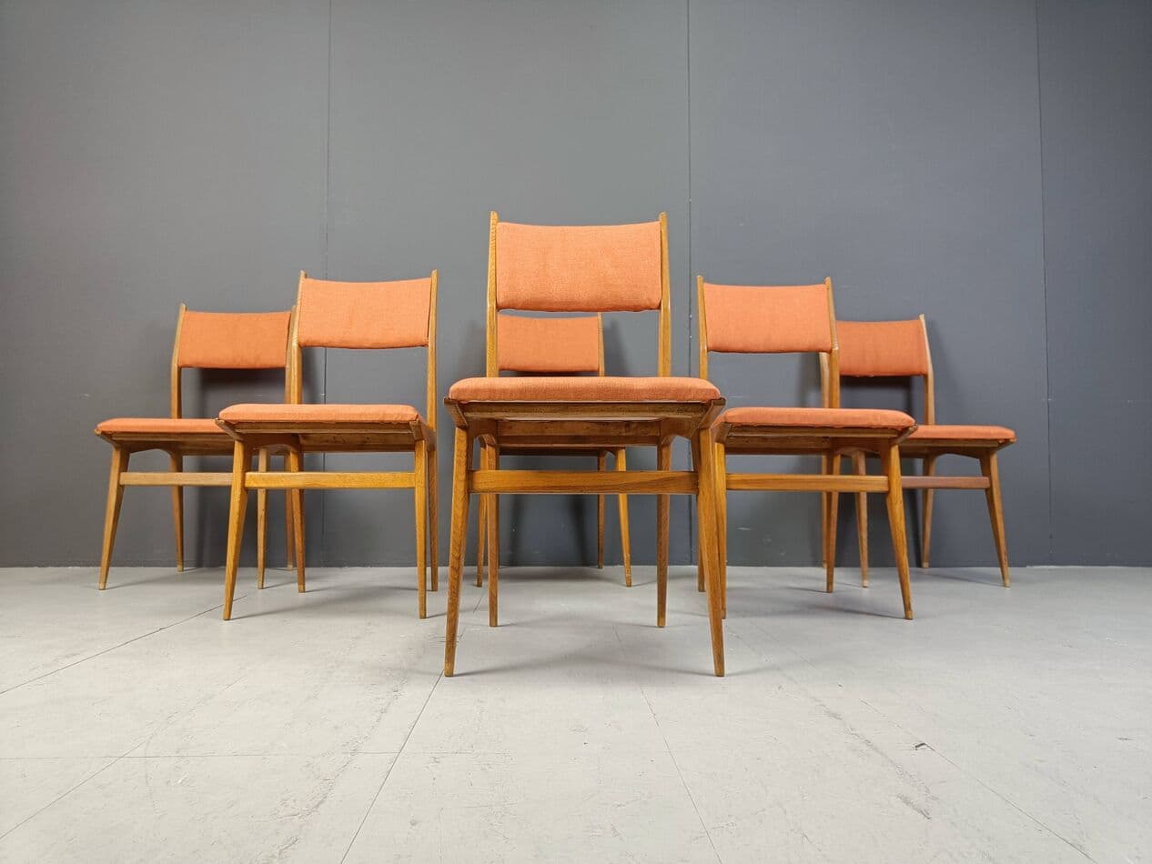 Set of six dining chairs, brown wood, orange fabric, Italy, 1950s - 264058