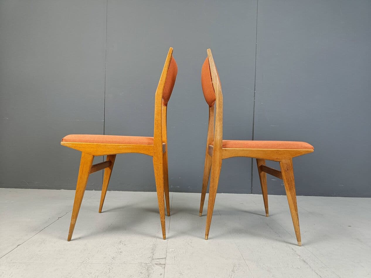 Set of six dining chairs, brown wood, orange fabric, Italy, 1950s - 264063