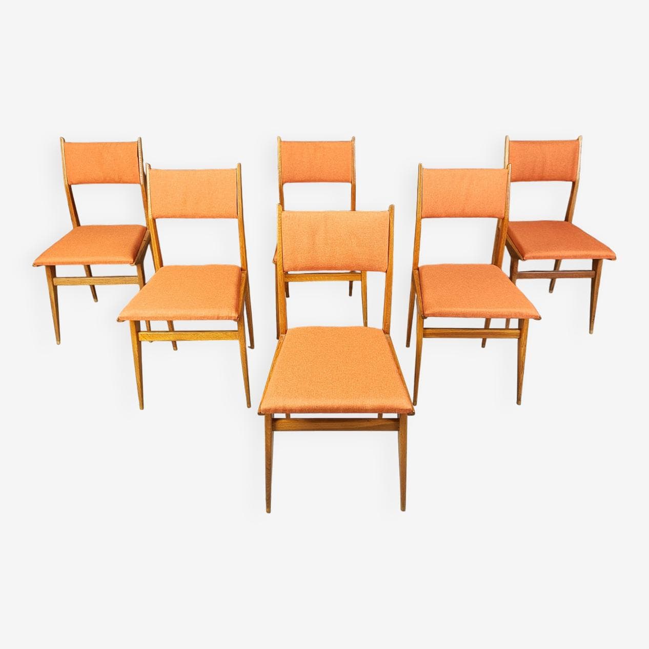 Set of six dining chairs, brown wood, orange fabric, Italy, 1950s - 264055