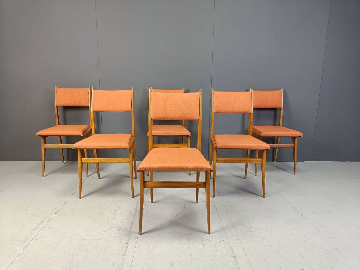 Set of six dining chairs, brown wood, orange fabric, Italy, 1950s - 264057