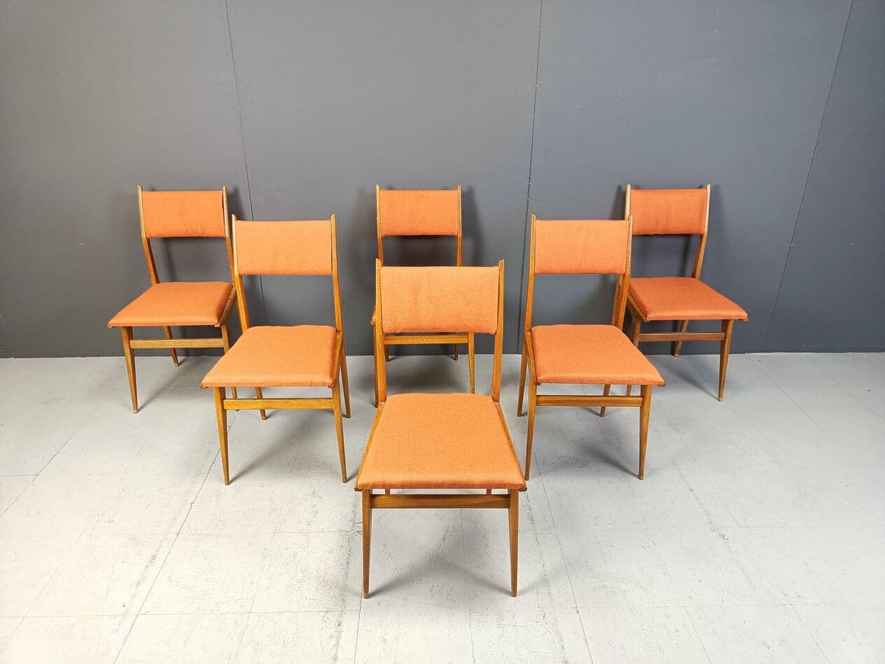 Set of six dining chairs, brown wood, orange fabric, Italy, 1950s - 264054