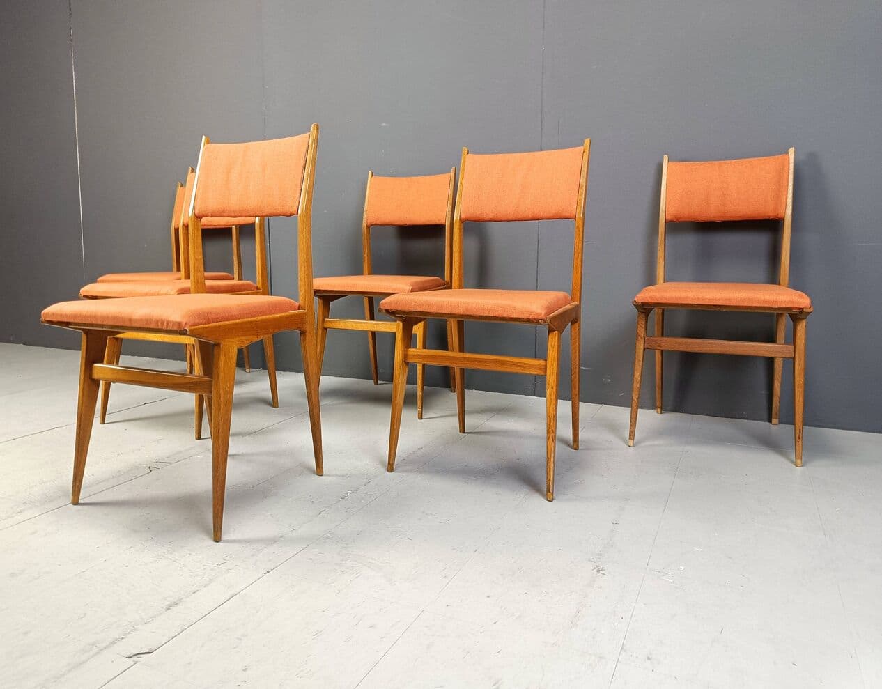Set of six dining chairs, brown wood, orange fabric, Italy, 1950s - 264059