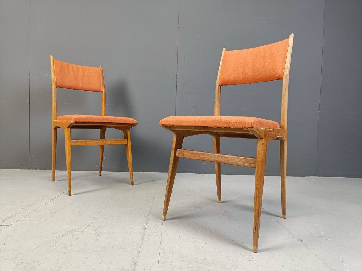 Set of six dining chairs, brown wood, orange fabric, Italy, 1950s - 264061