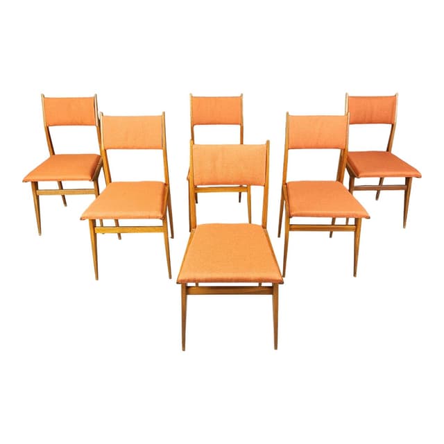 Set of six dining chairs, brown wood, orange fabric, Italy, 1950s - DIMENSION