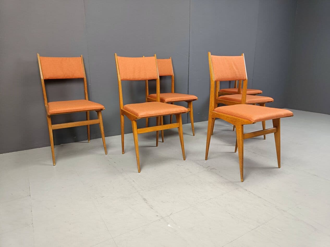 Set of six dining chairs, brown wood, orange fabric, Italy, 1950s - 264060