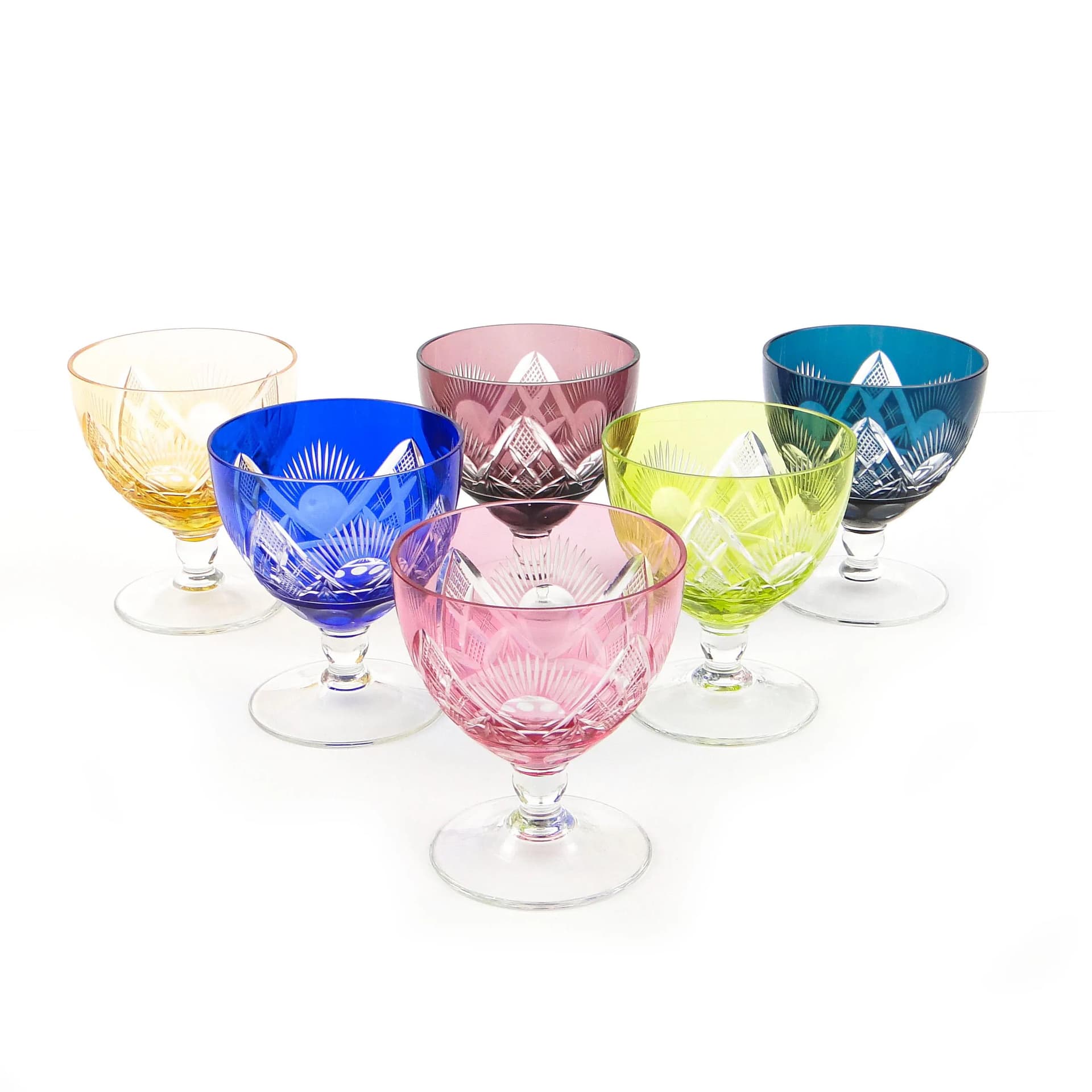 Wielokolorowe kieliszki kryształowe do czerwonego wina, Val Saint Lambert, Belgia, lata 30. - 19940