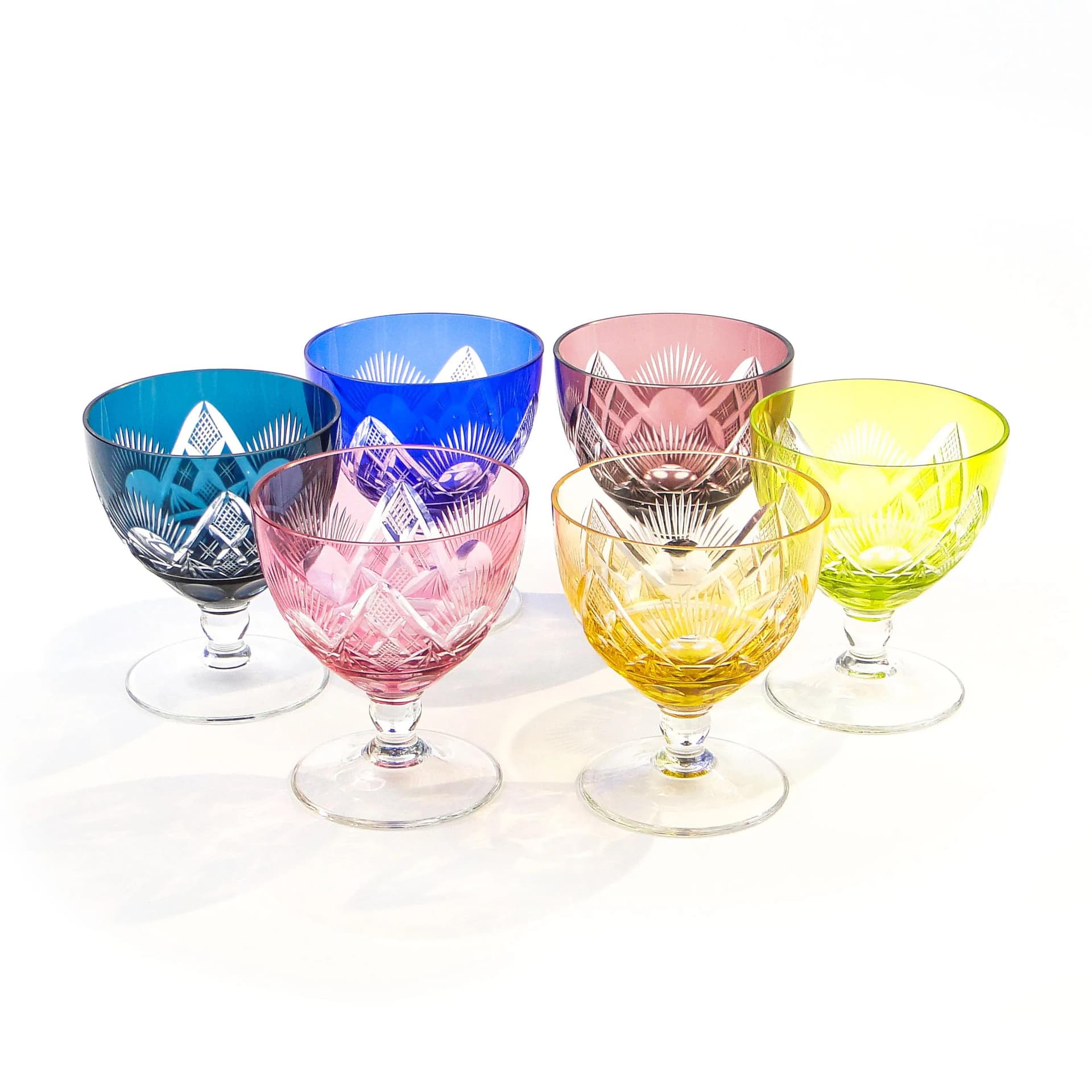Wielokolorowe kieliszki kryształowe do czerwonego wina, Val Saint Lambert, Belgia, lata 30. - 19937