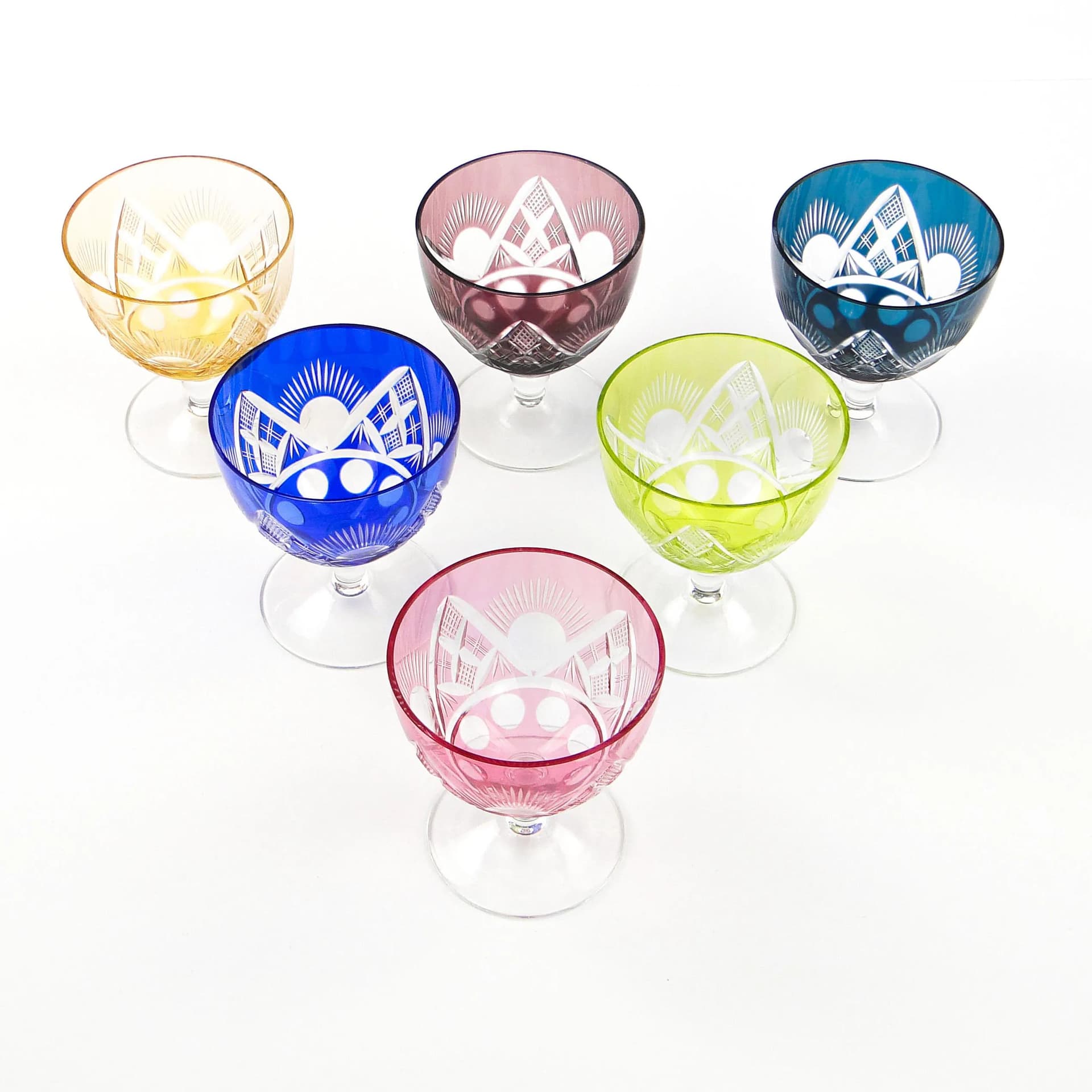 Wielokolorowe kieliszki kryształowe do czerwonego wina, Val Saint Lambert, Belgia, lata 30. - 19941