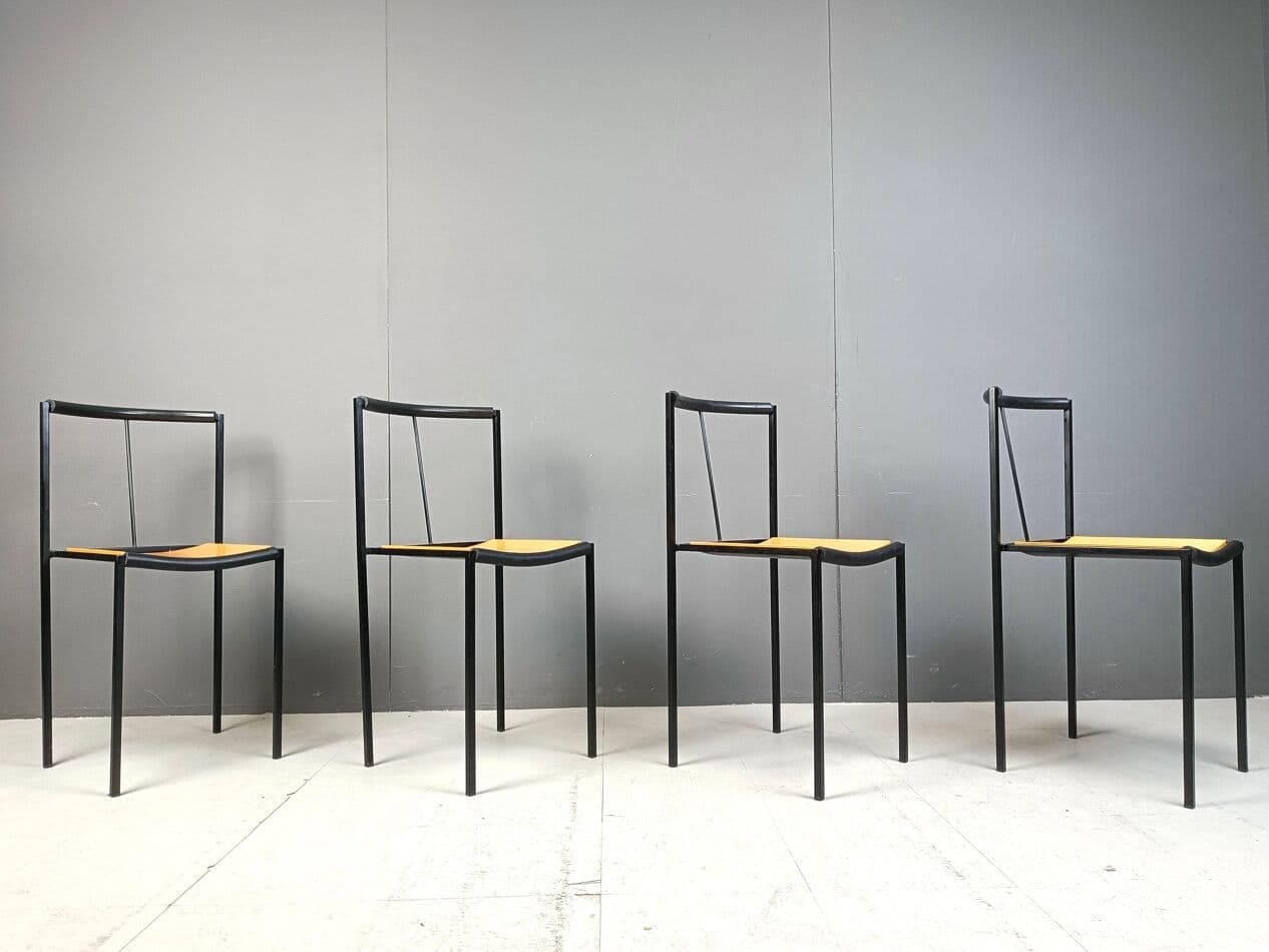 Set of Four Millepunte Chairs, black metal, light wood, by S. Calatroni, M. Peregalli, Italy, 1980s. - 264015