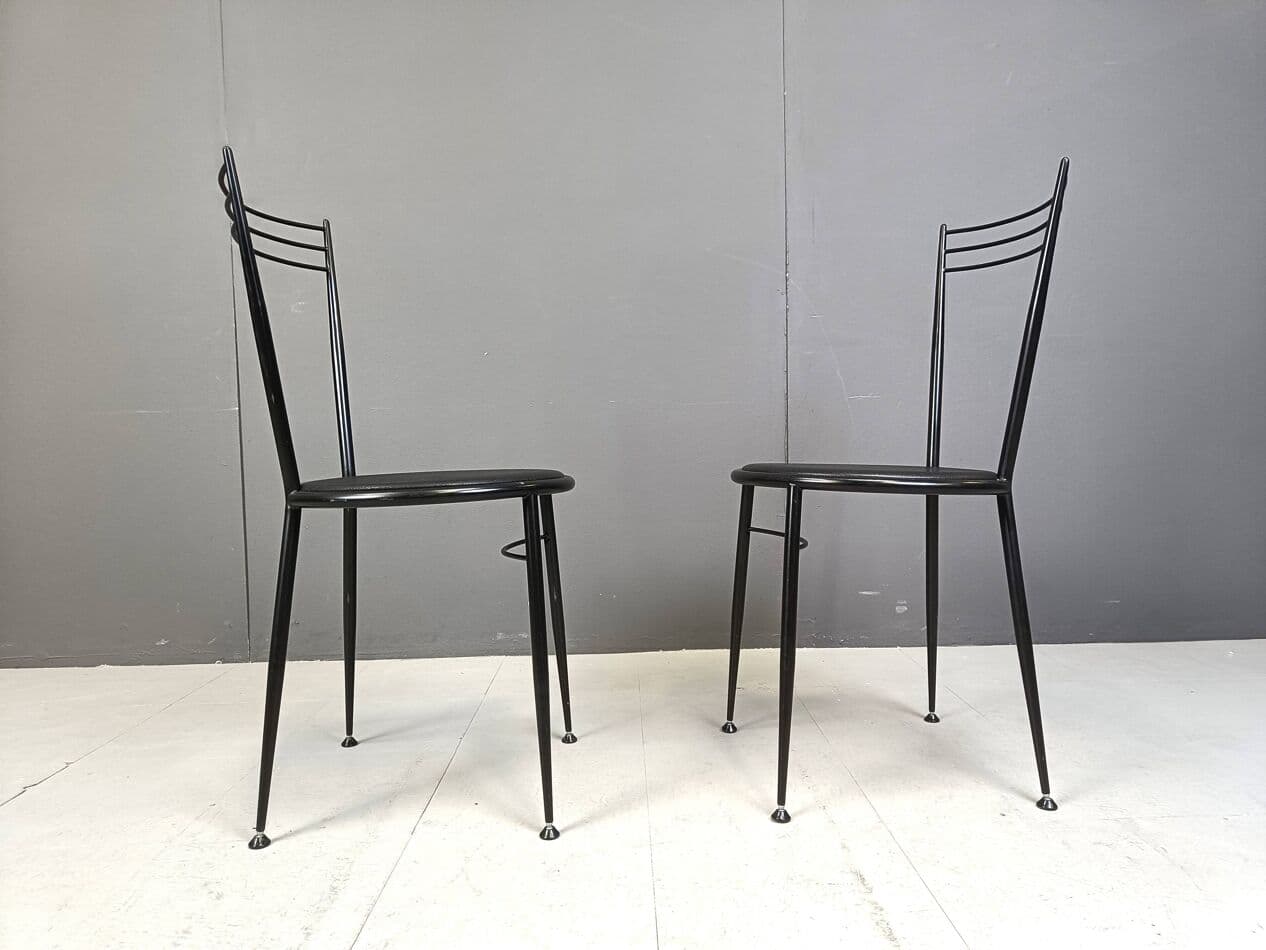 Set of dining chairs, black metal, black vegan leather, Italy, 1980s. - 263963
