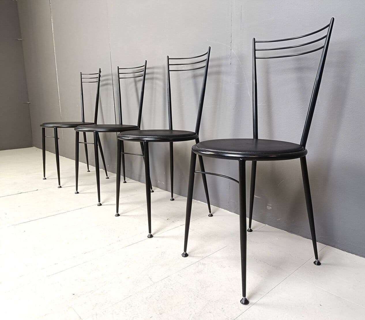 Set of dining chairs, black metal, black vegan leather, Italy, 1980s. - 263958