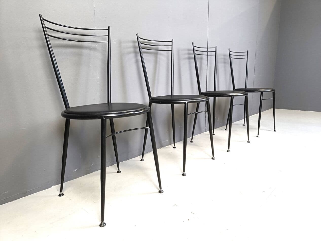 Set of dining chairs, black metal, black vegan leather, Italy, 1980s. - 263959