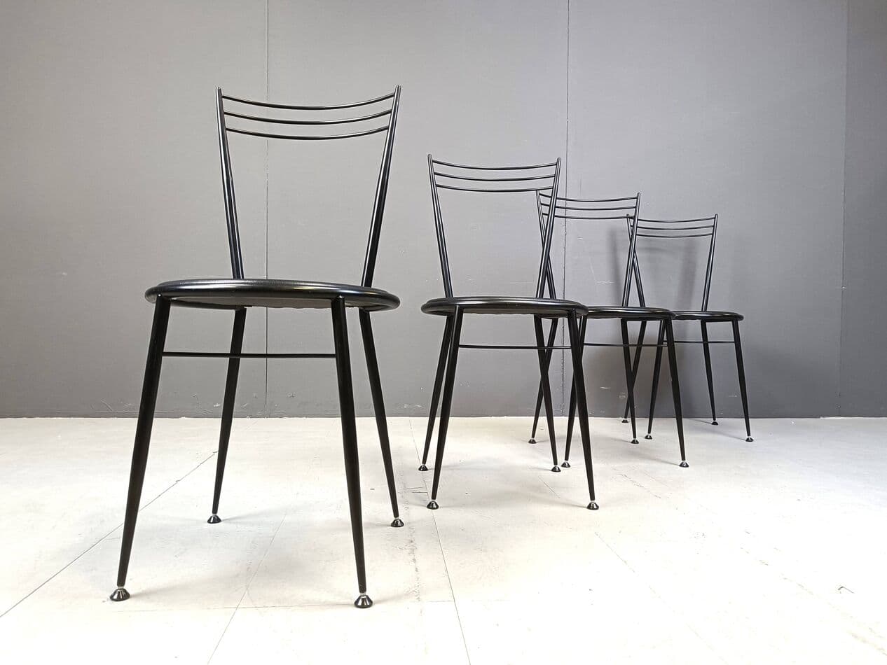 Set of dining chairs, black metal, black vegan leather, Italy, 1980s. - 263960