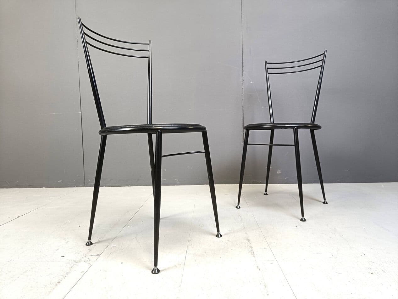 Set of dining chairs, black metal, black vegan leather, Italy, 1980s. - 263962